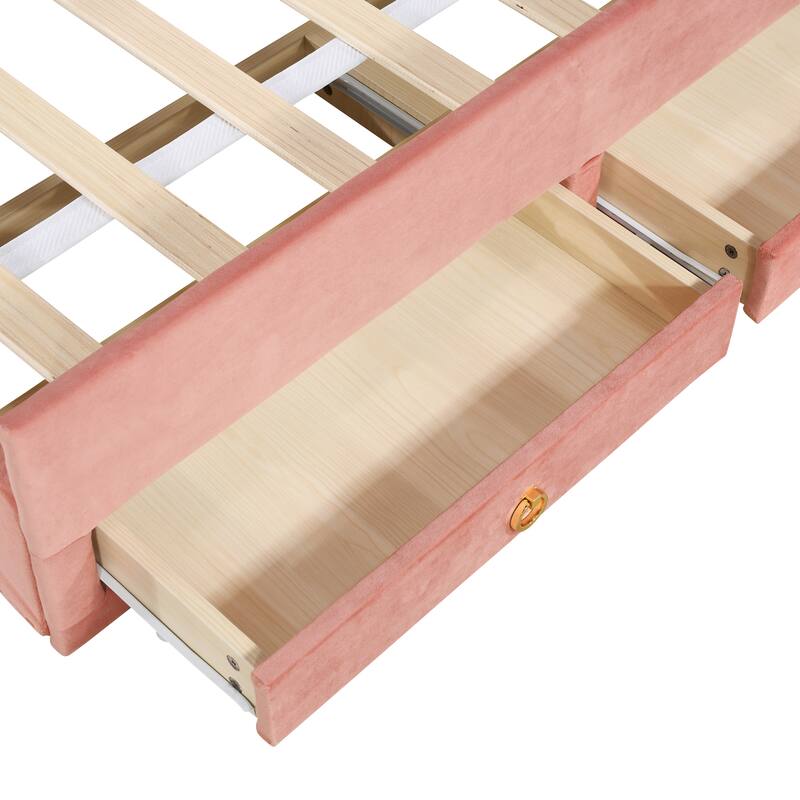Full Size Upholstered Platform Bed with Rabbit Headboard, Trundle, and Three Drawers