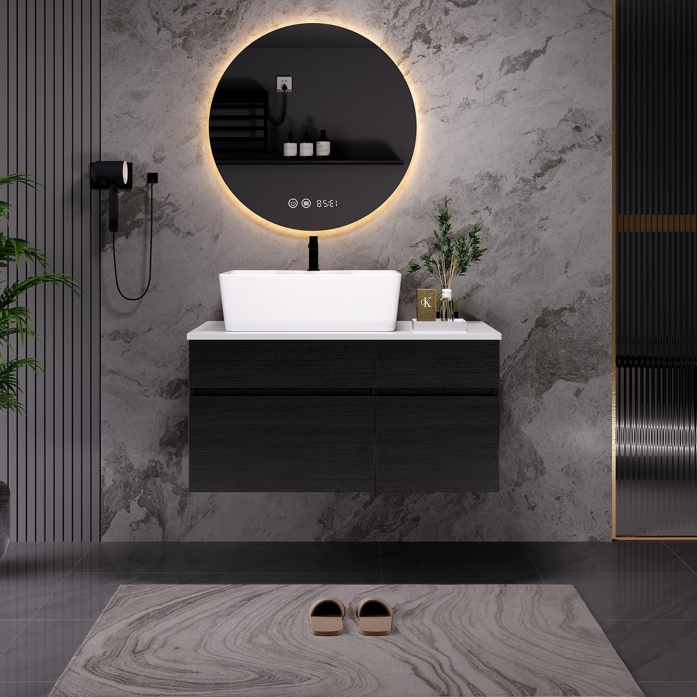 GDFStudio - Modern 31.5" Floating Wall-Mounted Bathroom Vanity with Vessel Sink, Soft-Close Drawer & Double Door Storage