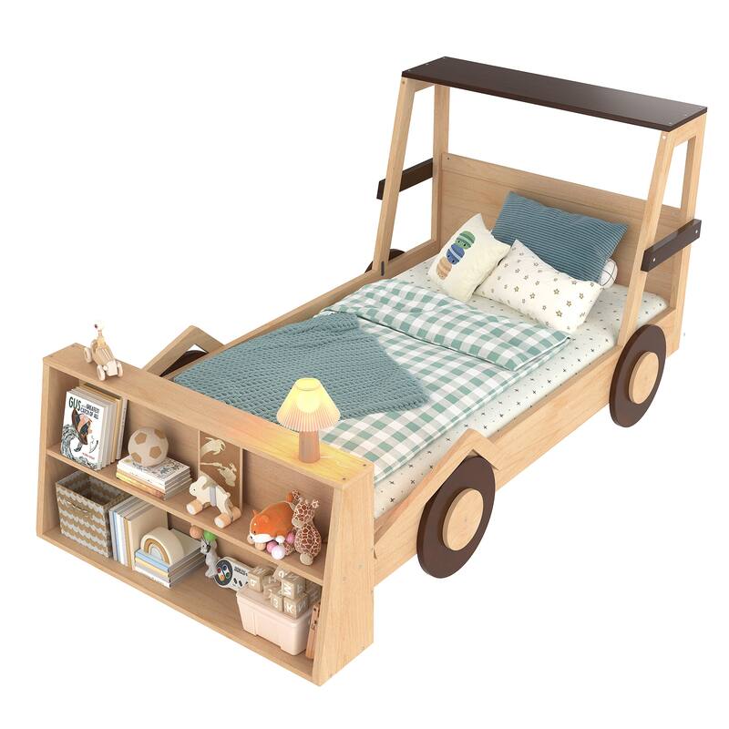 Twin Size Car Bed with Storage Shelves, Kids Platform Bed with Cute Car-shape, Childlike Design, Blue White