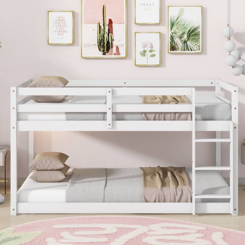 Wooden Twin over Twin Floor Bunk Bed with Ladder, with Bed Platform of Strengthened Slats