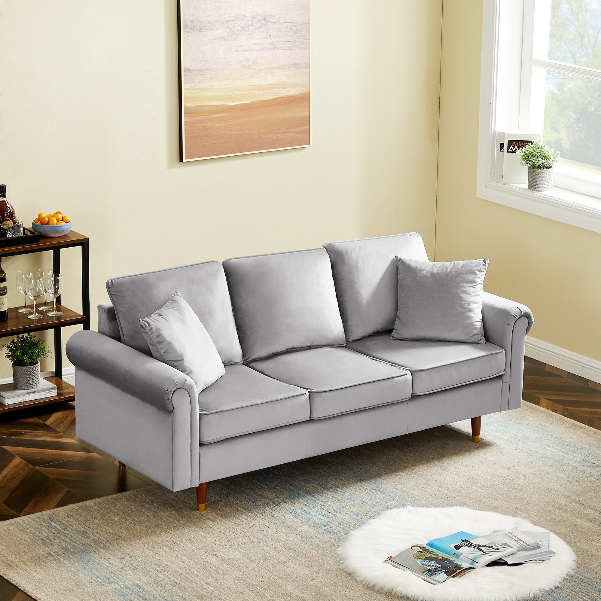 Modern Simple Velvet Sofa Couch with 2 Pillows 3 Seat Sofa with Wood Legs for Living Room and Bedroom Easy Assembly Bed Bath Beyond 36177654