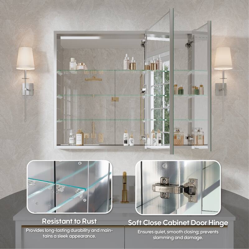 36"W X 30'H Recessed or Surface Wall Mount Bathroom Medicine Cabinet With Adjustable Glass Shelves