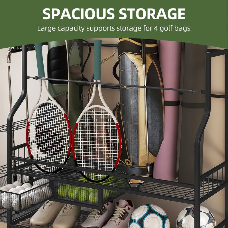 Moasis 4 Slot Golf Bag Storage Rack with Wheels and Drawer for Clubs and Balls