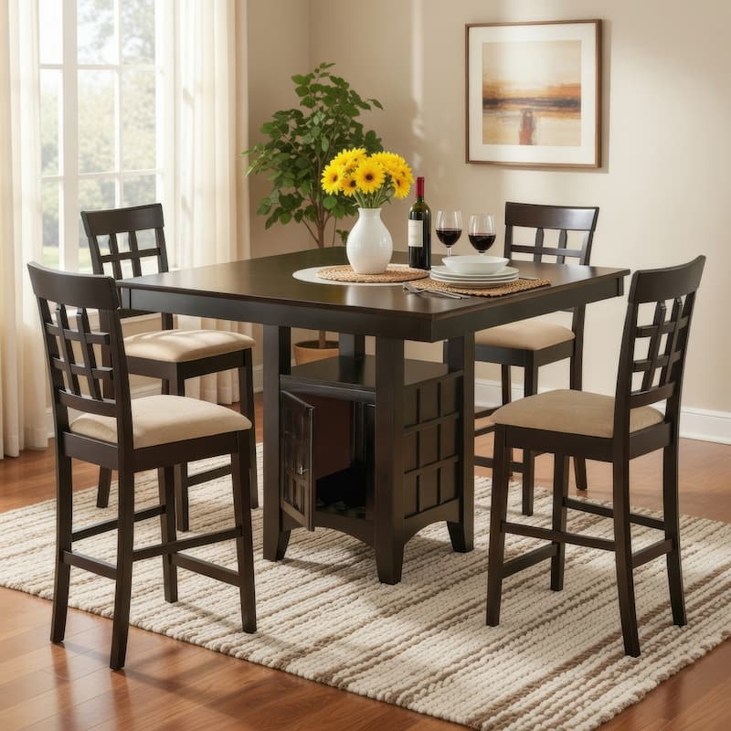 Uric Counter Height Dining Table w Wine Storage, 4 Lattice Chairs, Brown