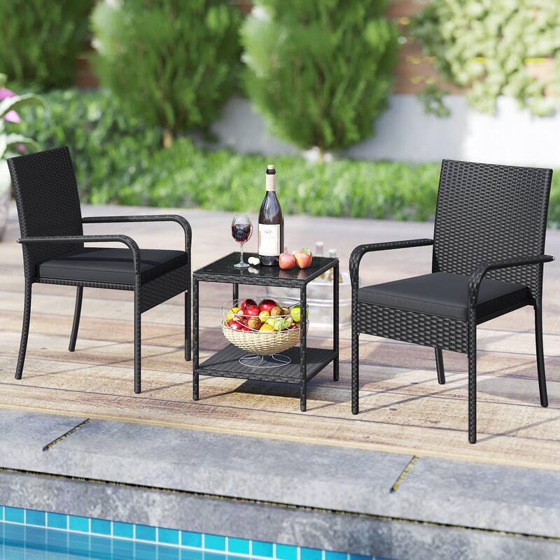 3 Piece Black PE Rattan Patio Set with Metal Frame, Cushions and Glass Table - Chair: 23" x 22.5" x 35"
