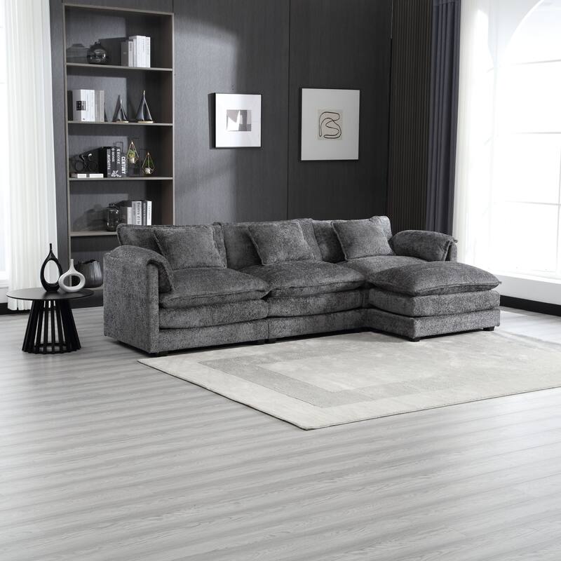 Modular L-Shaped Sectional Sofa, Chenille Fabric 3-Seater Sofa Couch with Chaise and Detachable Armrests for Living Room