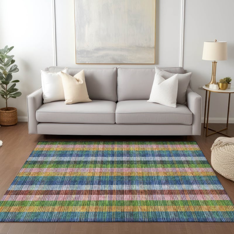 Machine Washable Indoor/ Outdoor Modern Plaid Chantille Rug
