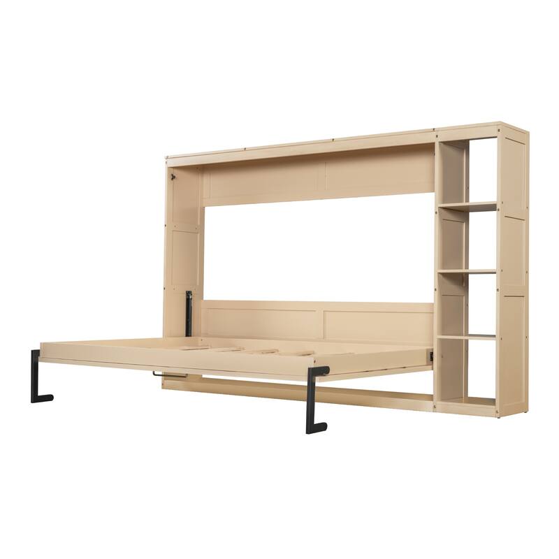 Full Size Murphy Bed Cabinet with Bookshelf, Space-Saving Foldable Wood Wall Bed Frame w/Hidden Bed Foundation & Slats Support
