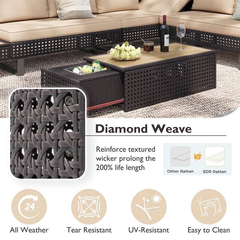 5-Piece Weave Patio Sectional Furniture Set with Extendable Coffee Table with Ice Bucket