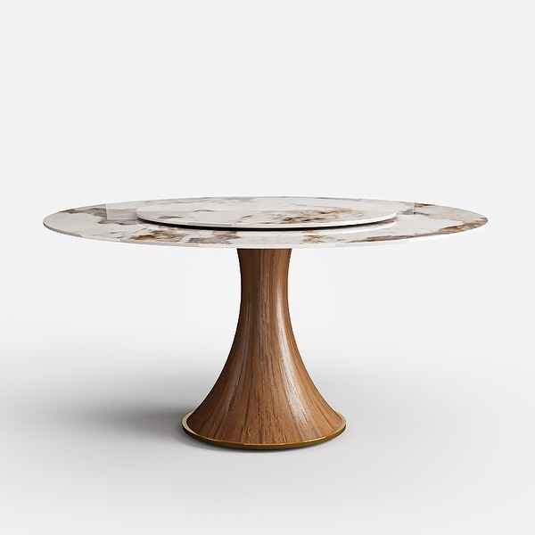 7-Piece Walnut Stone Round Lazy Susan Dining Set for 6 People