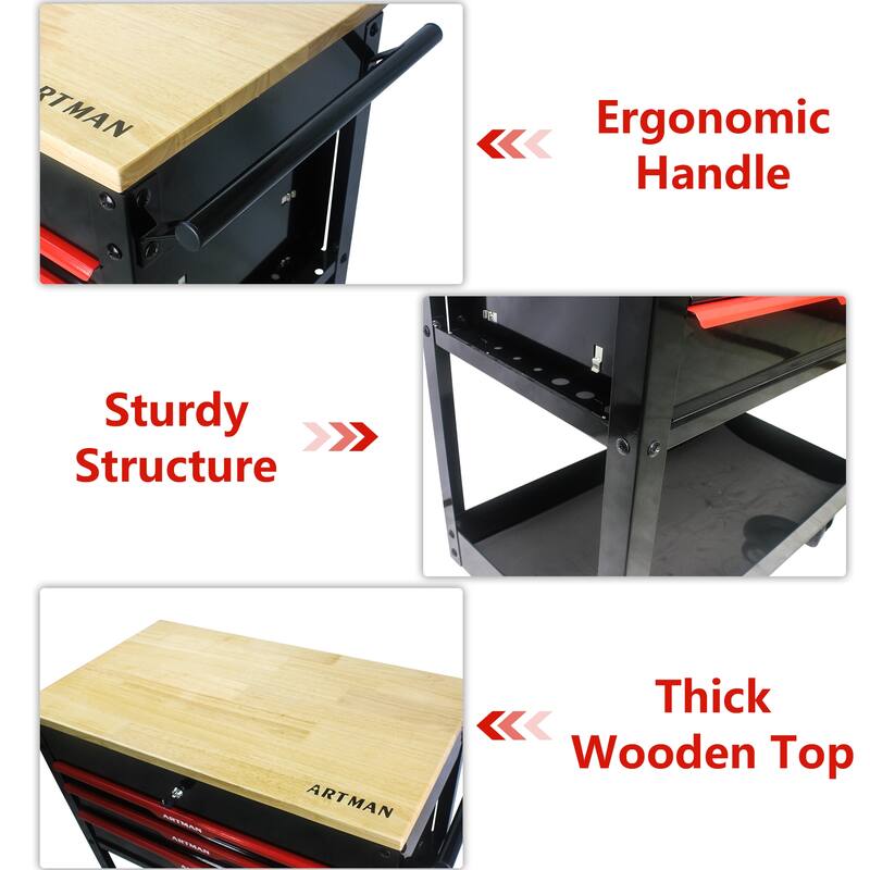 3 Drawers Multifunctional Tool Cart with Wheels and Wooden Top Multiple Uses - Home office or garage