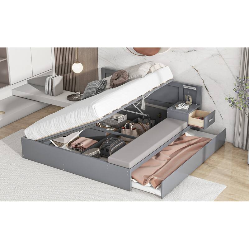 Full Size Wood Storage Hydraulic Platform Bed with Twin Size Trundle, Side Table and Lounge