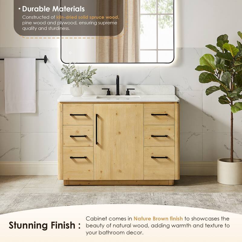 Serene Bathroom Vanity in Nature Brown with Grain White Engineered Stone Countertop with Mirror