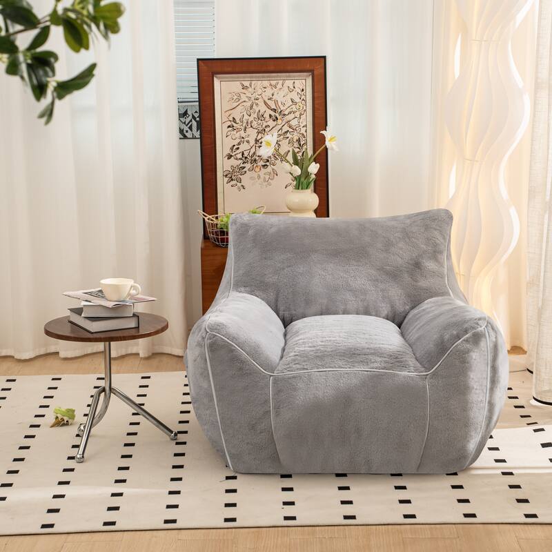 Faux Fur Bean Bag Chair, High-Density Shredded Foam Padded Sofa with Backrest & Side Pocket, Fluffy Floor Lounge Chair - Gray