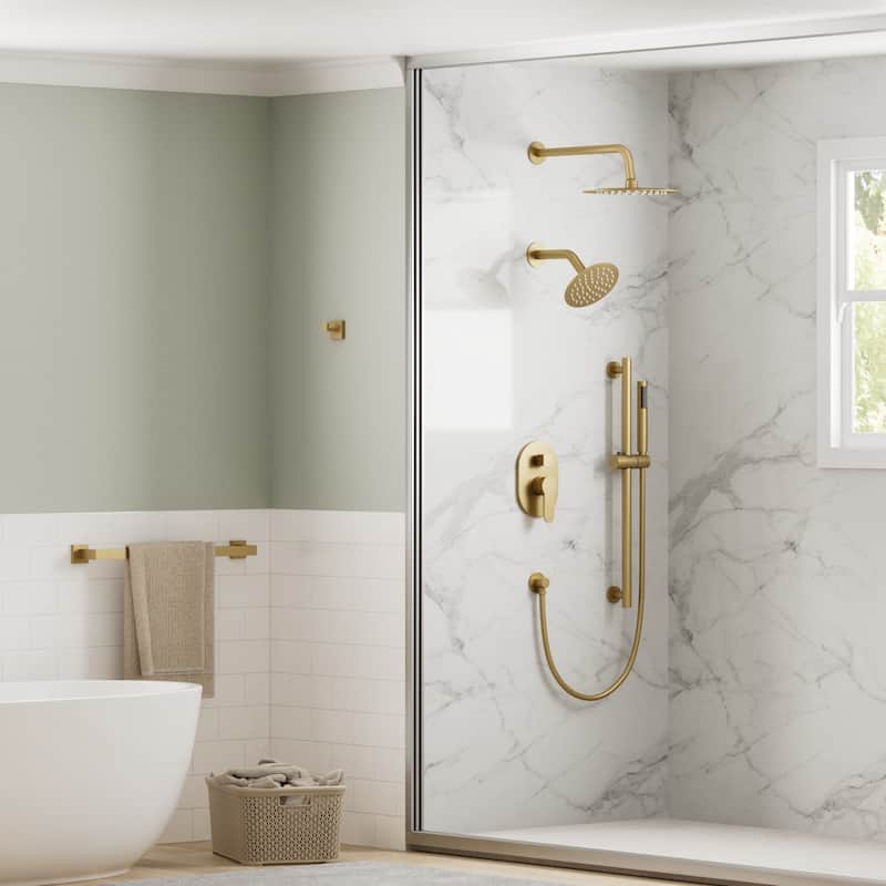 GRANDJOY Dual Heads Shower System 10" and 6" Wall Mount Rainfall Round Shower Faucet Handheld Shower Spray with Slide Bar