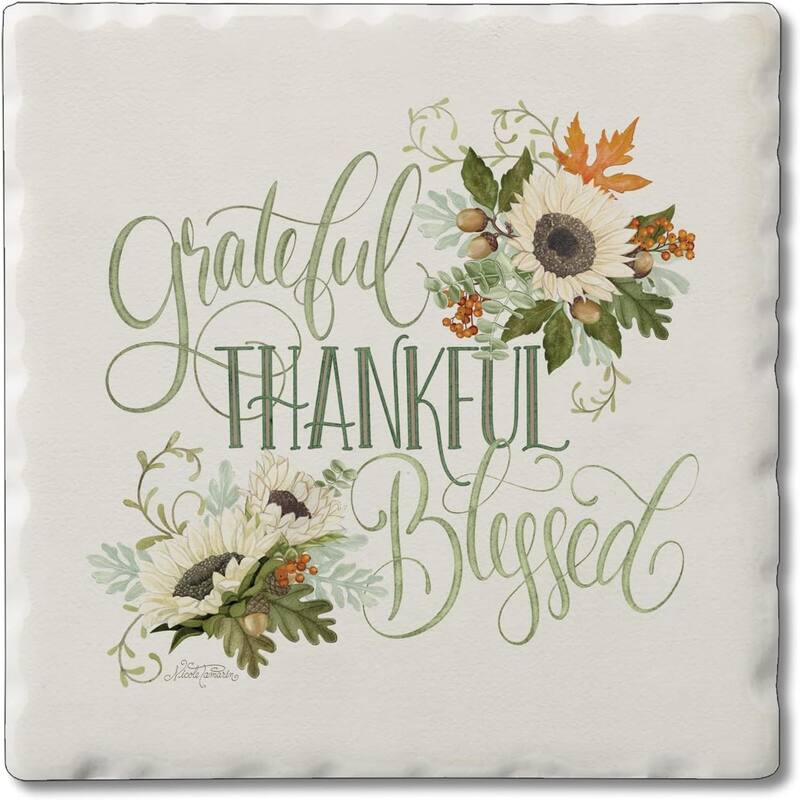 Absorbent Stone Tumbled Tile Coasters, Grateful Thankful Blessed, Set of 4 - Multi