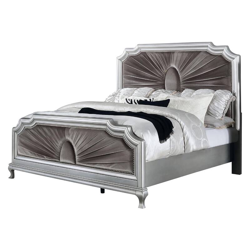 Xan Cal. King Bed, Silver Wood, Gray Pleated Velvet Upholstery