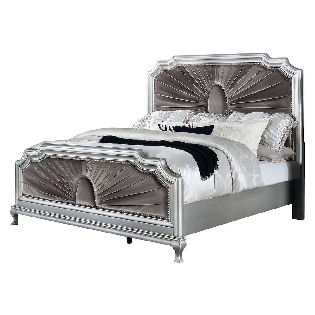 Xan Cal. King Bed, Silver Wood, Gray Pleated Velvet Upholstery