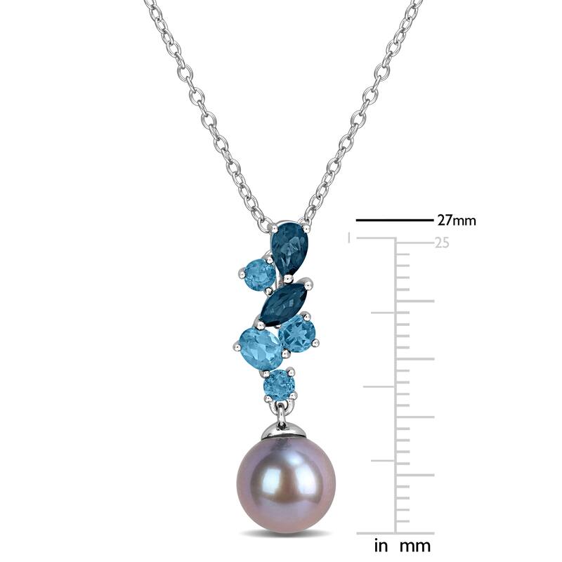 Miadora Black Cultured Freshwater Pearl and London Blue Topaz Necklace Sterling Silver