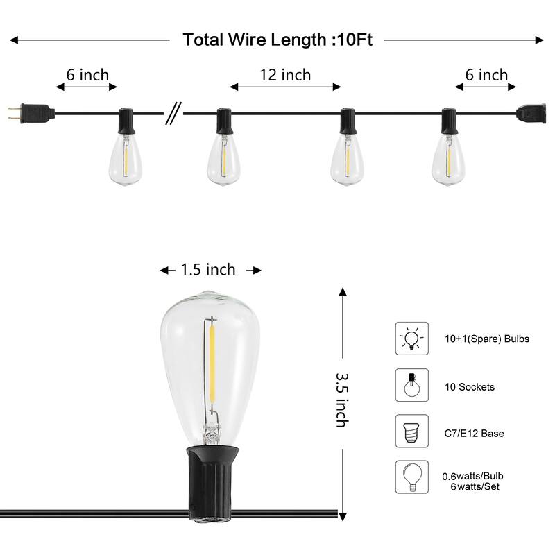 JONATHAN Y 10 ft G40 String Lights - 10-Light, Indoor/Outdoor - 10-Light