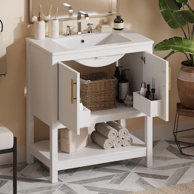 Modern 30" Bathroom Vanity Set with Ceramic Sink, Gold Accents, Soft-Close Doors & Open Shelf for Small Spaces