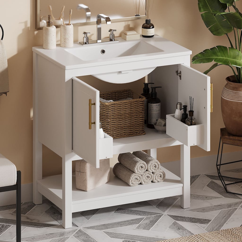 Modern 30" Bathroom Vanity Set with Ceramic Sink, Gold Accents, Soft-Close Doors & Open Shelf for Small Spaces