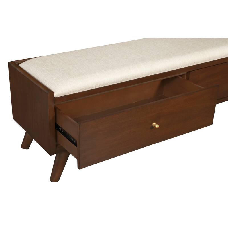 Ian 59 Inch 2 Drawer Accent Bench, Beige Seat, Mahogany Wood, Walnut Brown