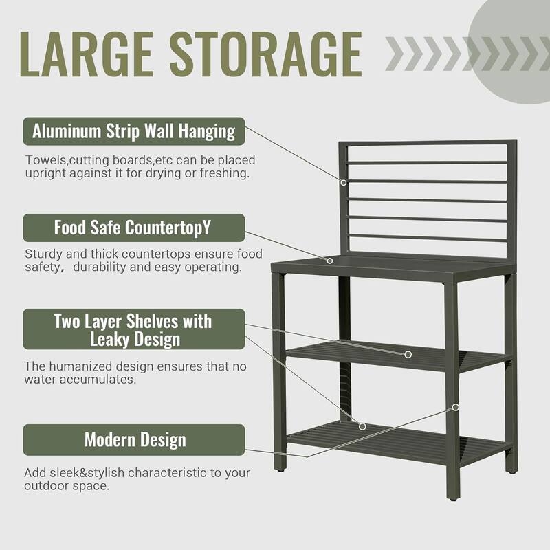 Outdoor Kitchen Island with Storage, Aluminum Kitchen Storage Island Kitchen Food Prep Table with Double Storage Rack - Grey