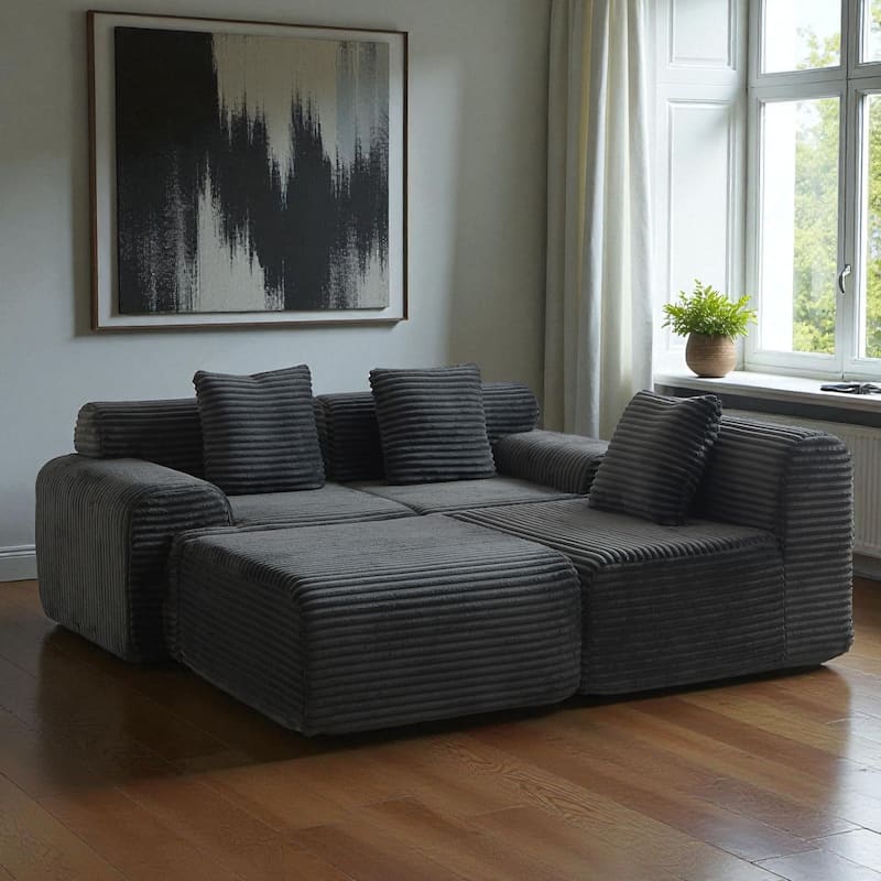 114" Corduroy Modular Sectional Sofa, Boneless Design with 4 Configurable Modules, Wide Backrest & 3 Pillows, No Assembly
