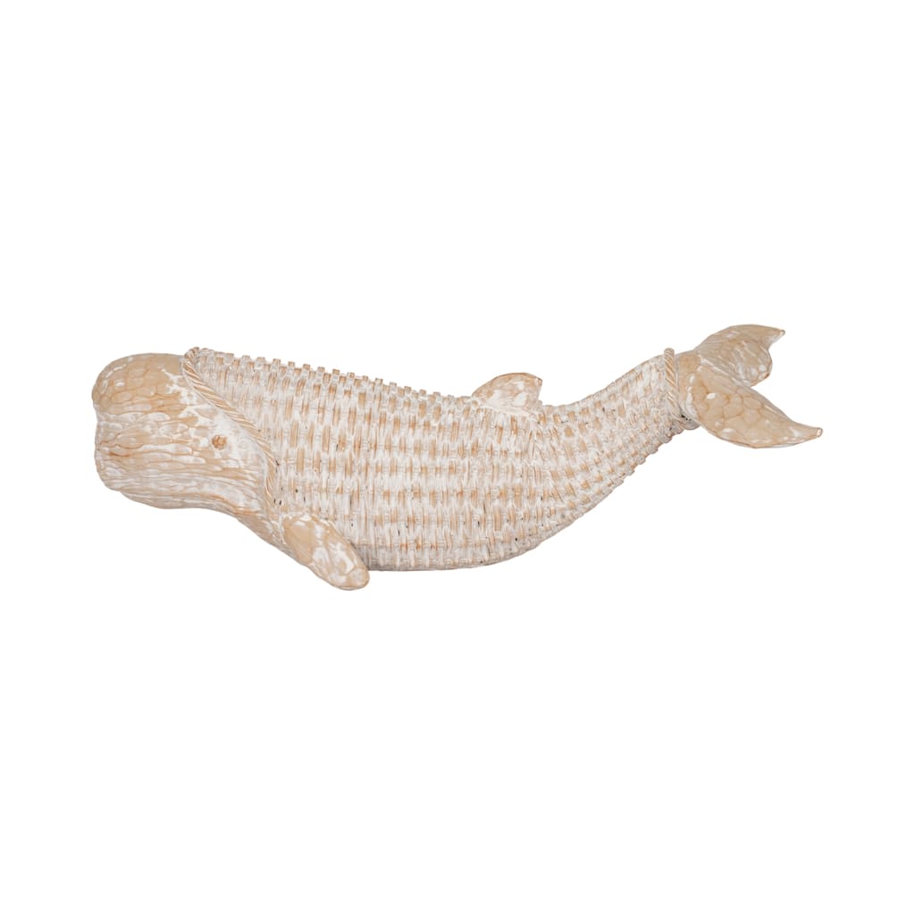 Sagebrook Home 17" White Resin Wicker Beluga Whale Figurine, Polyresin Coastal Decor Accent for Serene Home Styling