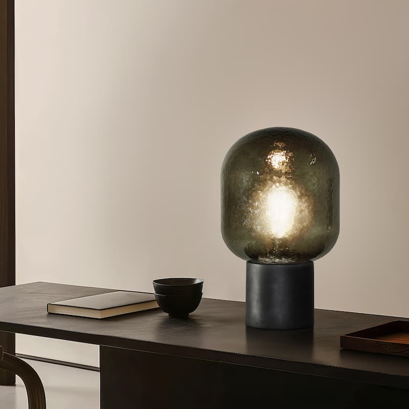 Brightech Bruce 10.7 in. Classic Matte Black Modern LED Oval Bedside Desk Table Lamp with Tinted Glass Oval Shade
