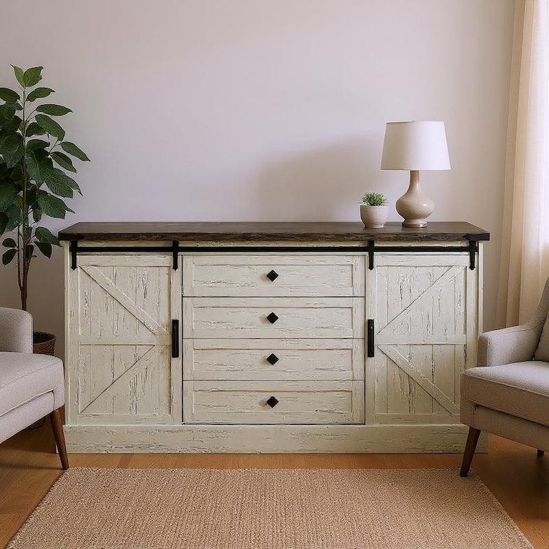 4-Drawers Dresser,with Sliding Barn Doors, 45" - White