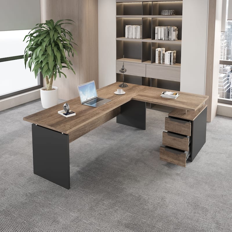 WESOME 63-inch L Shaped Executive Desk, Industrial Modern Office Desk with 3 Storage Drawers
