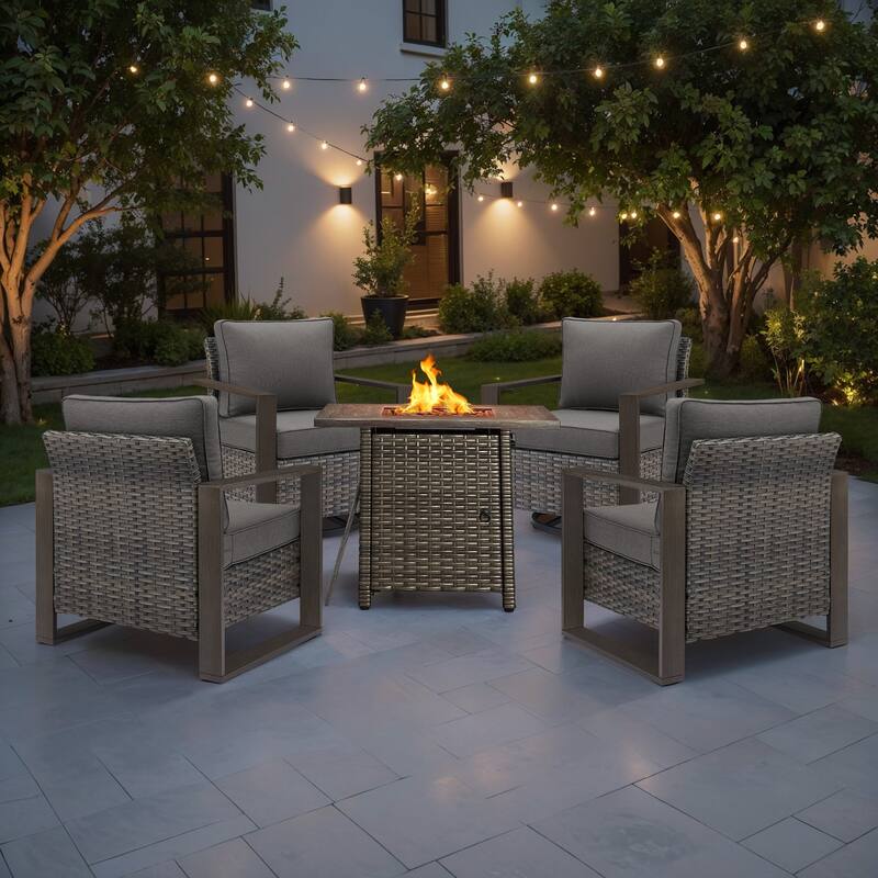 Meyreso 5-Piece Wicker Patio Conversation Set with Fire Pit & Plush 4.5" Olefin Cushions - Gray Wicker - Gray Cushions