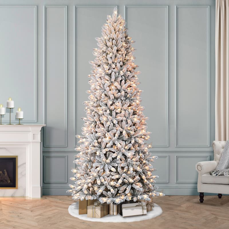 Puleo International 9' Pre-Lit Slim Flocked Fraser Fir Artificial Christmas Tree - 9