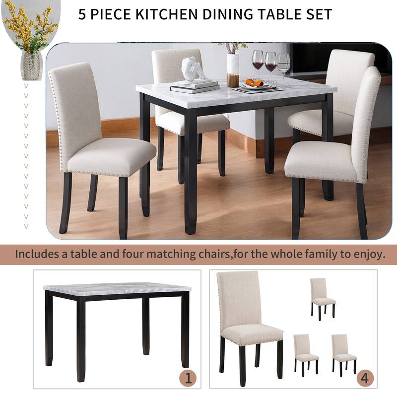 5-Piece Dining Set with Faux Marble Tabletop and 4 Upholstered Chairs, Solid Wood Frame Kitchen Table Set for Dining Room