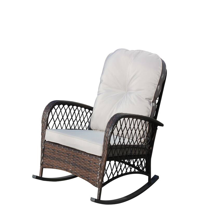 Outdoor Wicker Rocking Chair with Wide Seat, High Weight Capacity for Patio, Garden, Backyard, Beige