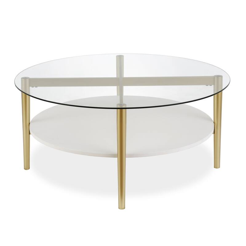 36-Inch Round Glass Coffee Table with Gold Steel Base and Shelf for Storage Modern Living Room Accent Piece - 36"L x 36"W x 17"H