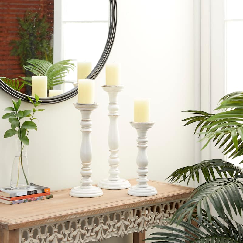 Mango Wood Candle Holder - Set of 3 White - Roche River Decor - 6"W x 6"L x 18"H