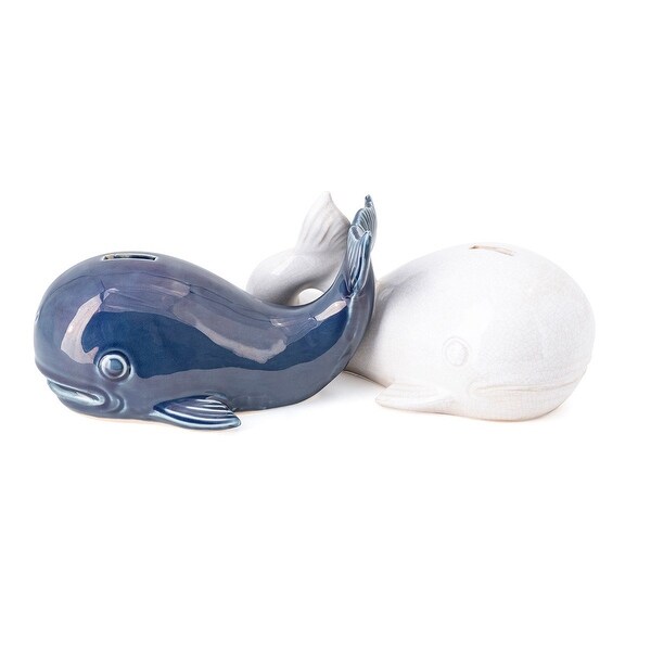 Set of 2 Blue and White Ceramic Nautical Coin Bank 9.5" - N/A