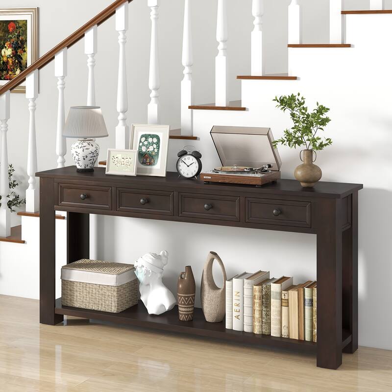 Gymax 63'' Farmhouse Entryway Table with 4 Storage Drawers and Open