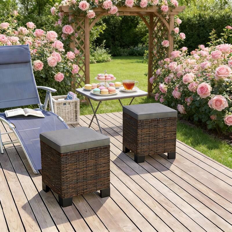 GDFStudio - Miles Versatile Wicker Ottoman Cubes for Outdoor Seating and Flexible Use Set of 2