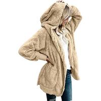 QZUnique Women's Hooded Loose Cardigan Coat Long Sleeves Cotton Lapel Outwear