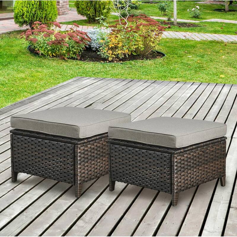 Gymojoy Outdoor Durable Wicker Ottomans with Olefin Cushions - 2-Piece - Brown Wicker / Grey Cusion