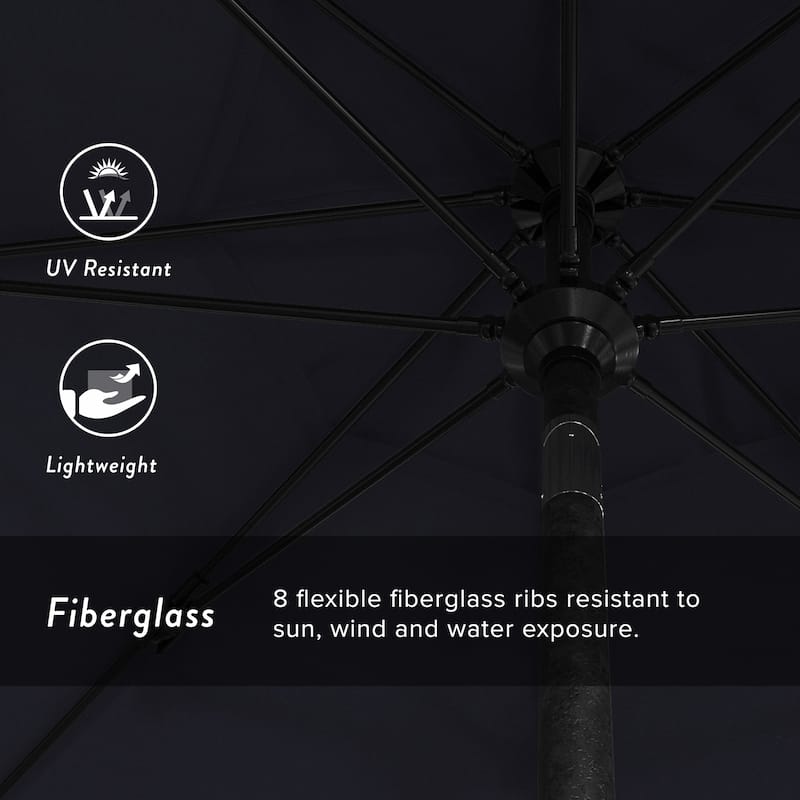 California Umbrella 9' Rd Patio Umbrella Black Aluminum Frame Fiberglass Ribs Crank Lift Collar Tilt, Sunbrella Cilantro