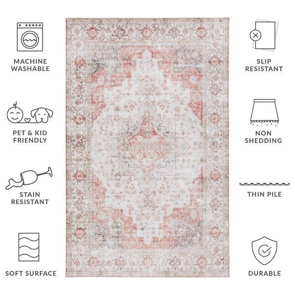 slide 2 of 6, SAFAVIEH Tucson Machine Washable Slip Resistant Korneliya Oriental Medallion Rug - Light Grey/Rust - 5' x 8'