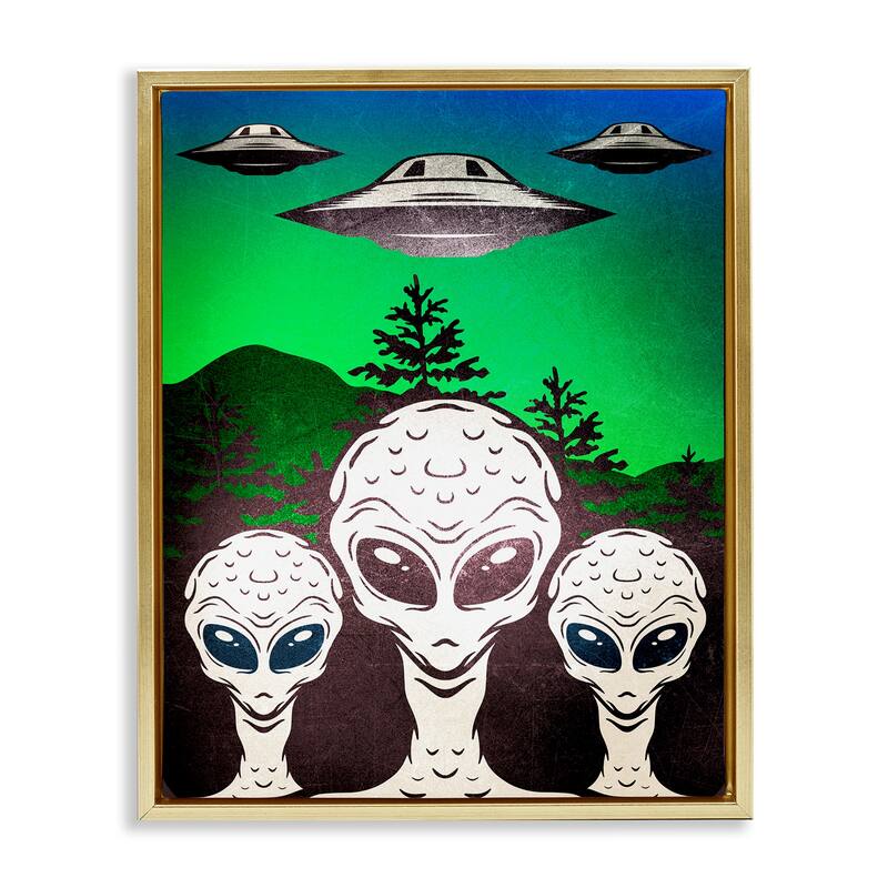 Stupell Vintage Aliens & UFO Framed Floater Canvas Wall Art Design By Kim Allen - 25 x 31 - Gold