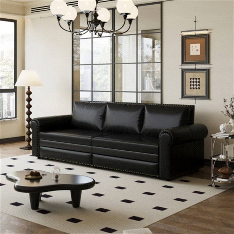 3-in-1 King Pull Out Sofa Bed Chesterfield Sofa, Velvet/Faux Leather Convertible Sleeper Sofa with Nailhead Trim & Rolled Arm