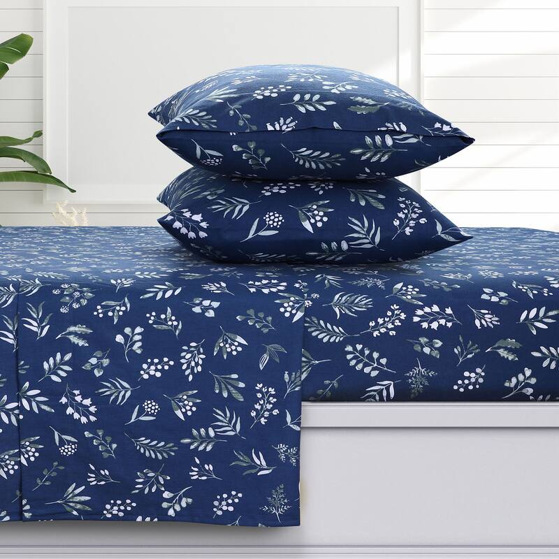 Azores Home 170-GSM Cotton Flannel Printed or Solid Extra Deep Pocket Sheet Set - Full - Eva Dark Blue