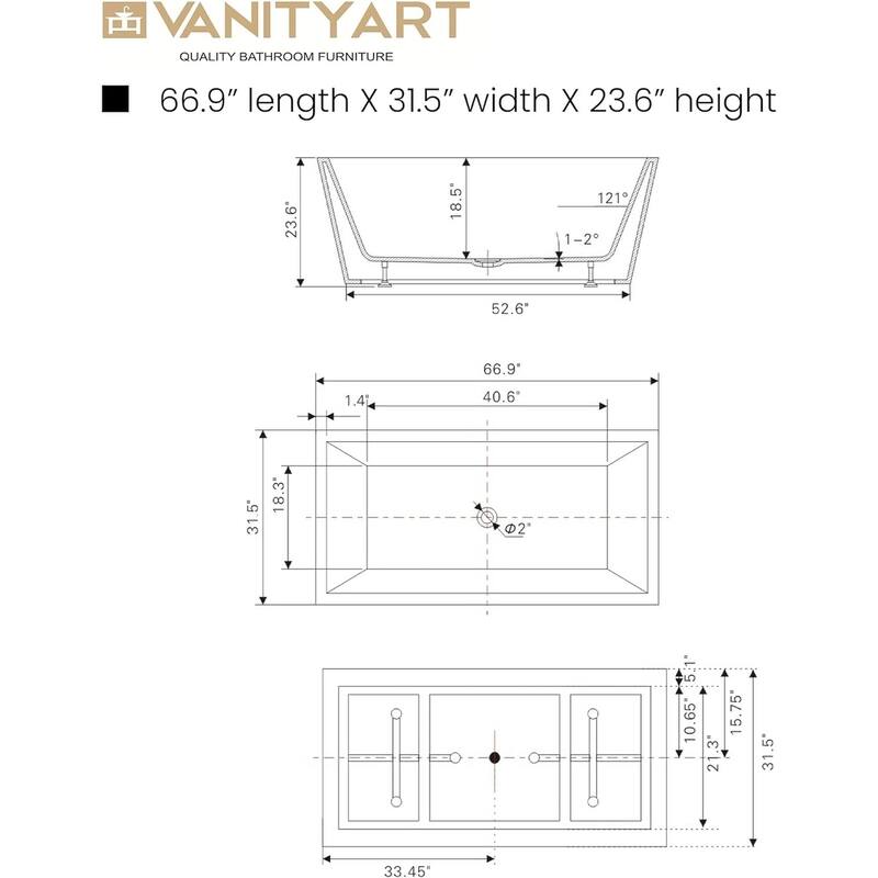 Vanity Art 67 inch Freestanding Acrylic Bathtub with Pop-up Drain